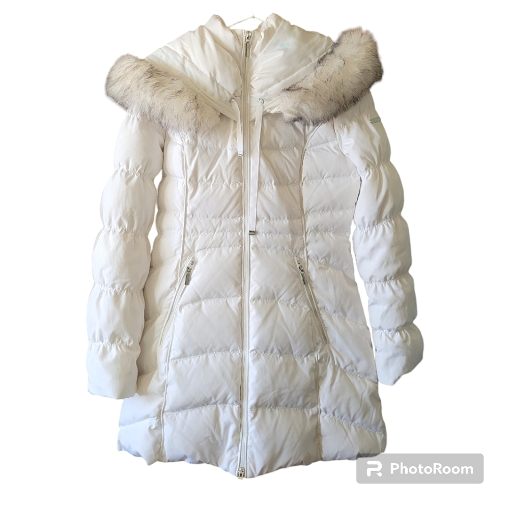 Laundry Shelli Segal White Hooded Quilted Down Parka faux fur trim size small